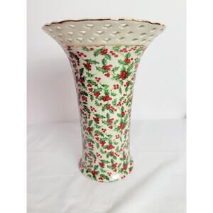 Vases- Formalities by Baum Bros Holly Pattern Ceramic  Ivory Pierced Rim